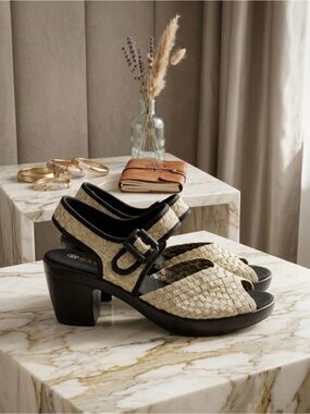 Bernie Mev Woven Slingback Heels in Natural Black Trim